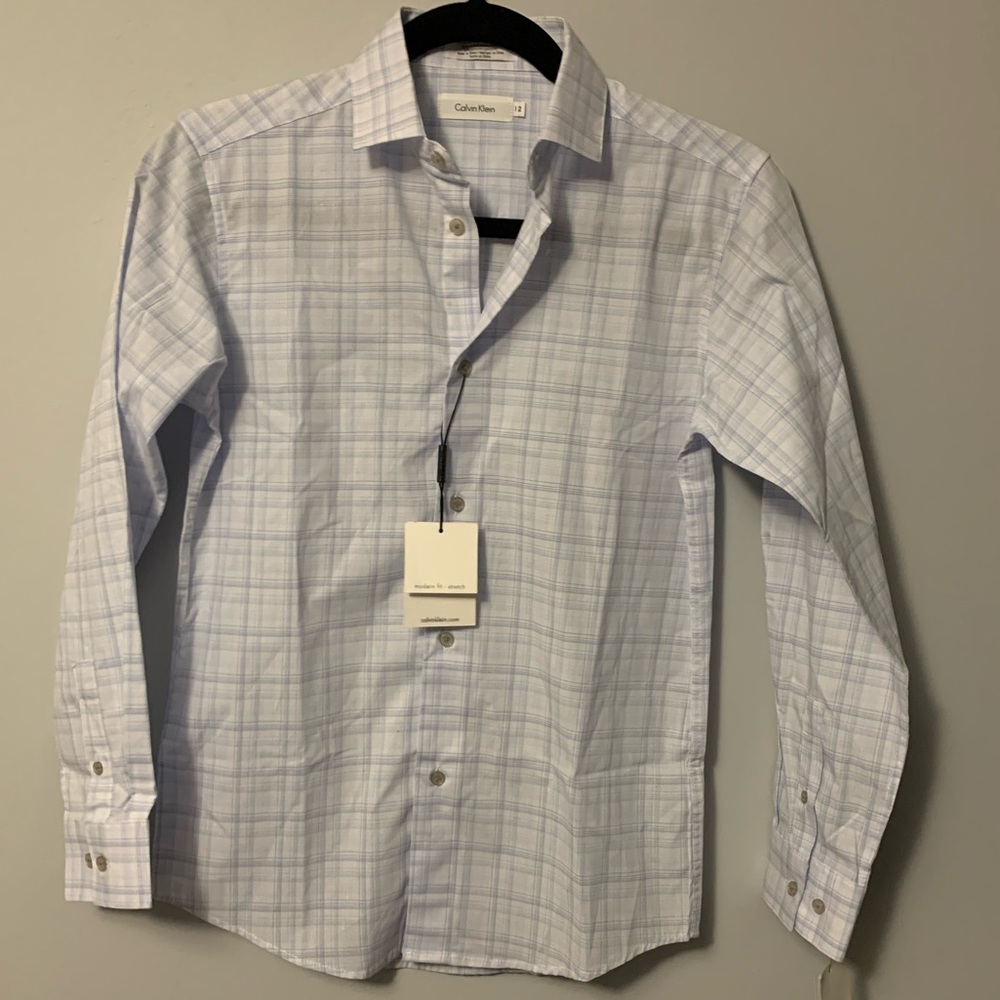 NWT Calvin Klein Blue White Plaid Dress Shirt 12